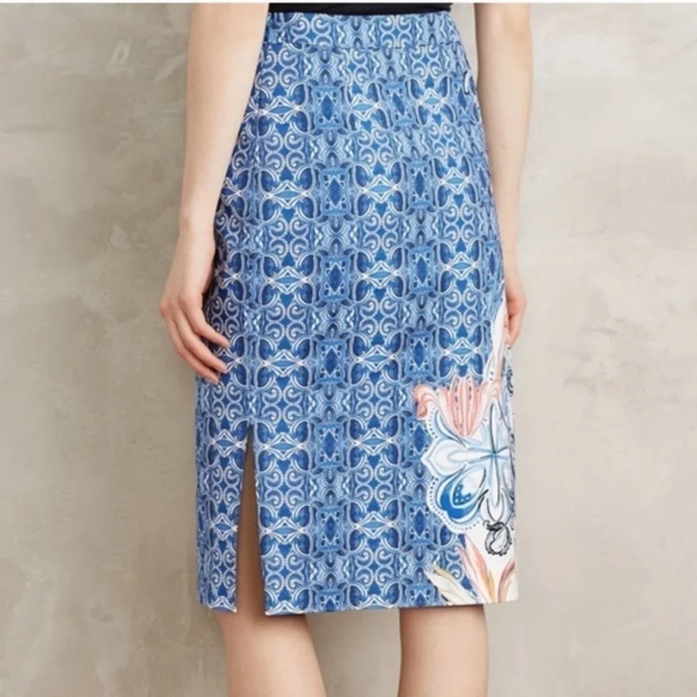 Anthropologie blue floral pencil skirt